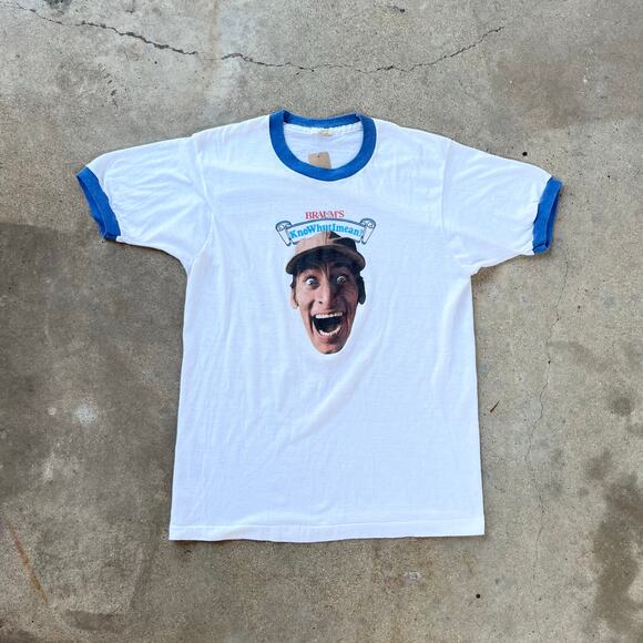 Vintage 80s Braums Ernest KnoWhutIMean Ringer T-Shirt XL - Picture 1 of 6